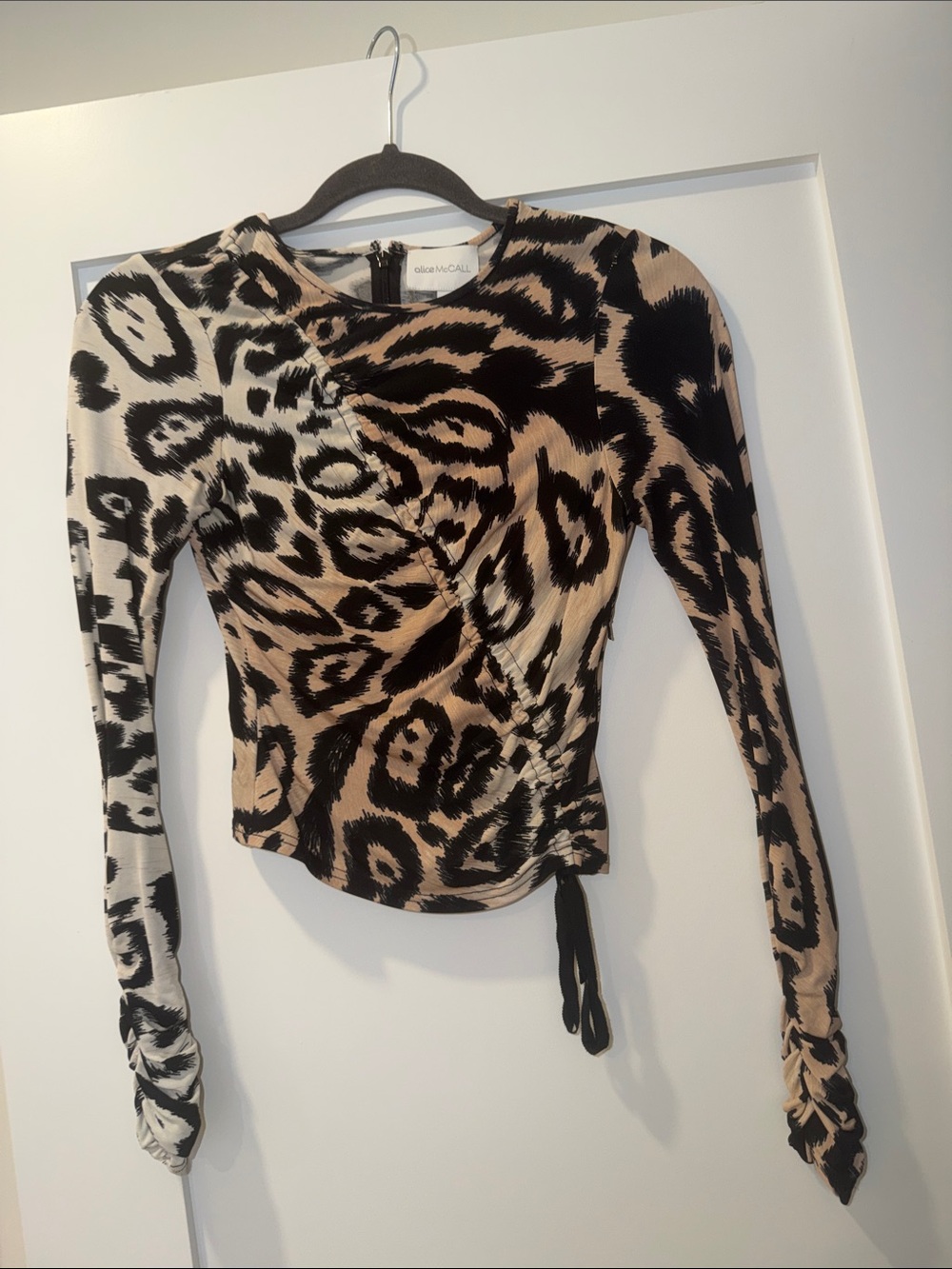 Alice McCall Black & Beige Leopard-Print Ruched Long Sleeve Top